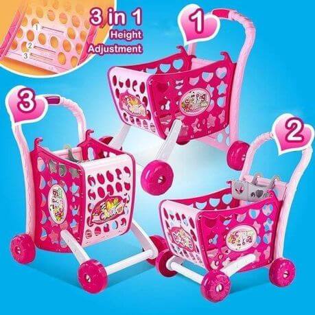 3 in 1 Shopping Cart Kids Pretend Play Trolley Toy Set featuring adjustable height and colorful design for imaginative play.