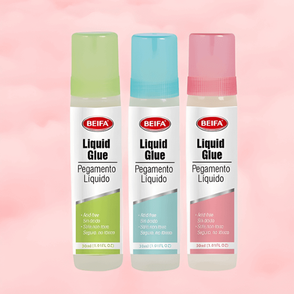 30ml Liquid Glue Bottle with Built-In Brush - 3 colors displayed, perfect for crafts and office tasks.