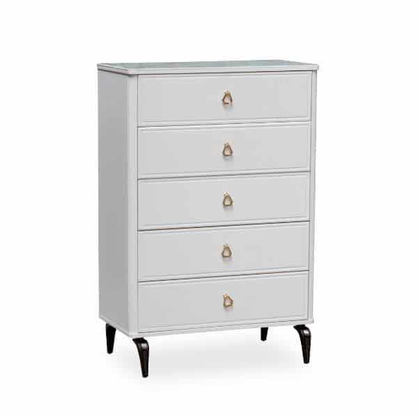 Coastal Breeze 5 Drawer Storage Chest with gold knobs and a sleek design, perfect for organizing clothing and essentials.