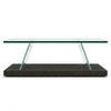 Modern Glass Top Coffee Table featuring clear tempered glass and dark wood-look base for a contemporary living room.