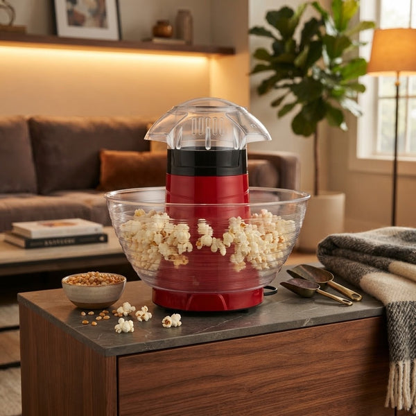 Red Electric Hot-Air Popcorn Maker with clear bowl, full of fluffy popcorn, on a wooden table in a cozy living room
