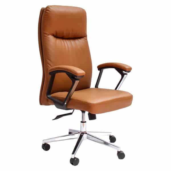 Ergonomic Boardroom Chair with Armrests in brown PU leather and chrome detailing, suitable for meetings and workspaces.