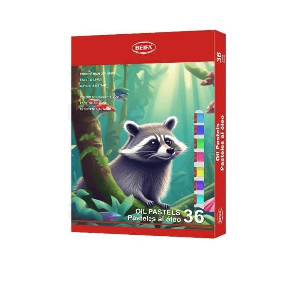 36 Colour Wax Crayon Set - 7cm Sticks for Creative Fun packaging with raccoon illustration.