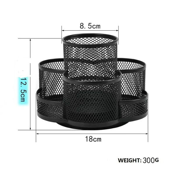 360 Rotating Wire Mesh Desk Organiser for Pens & Stationery dimensions and features, ideal for home or office use.