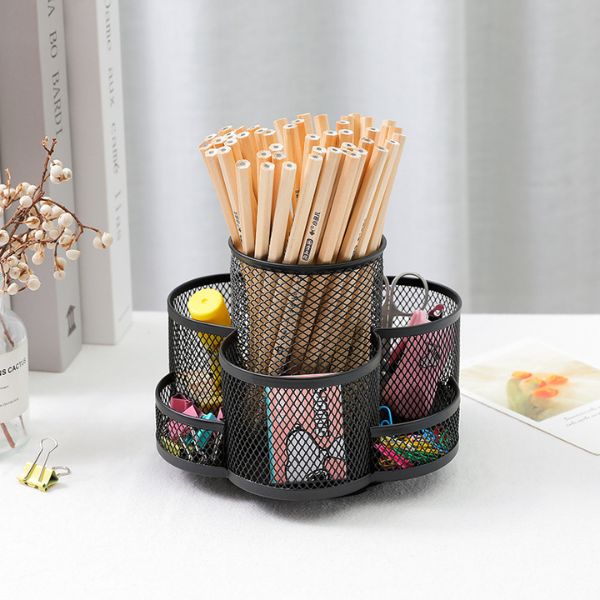 360 Rotating Wire Mesh Desk Organiser for Pens & Stationery displaying various stationery supplies.