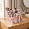 5-Tier Crystal-Style Beauty Organizer displaying cosmetics and skincare on a wooden vanity.
