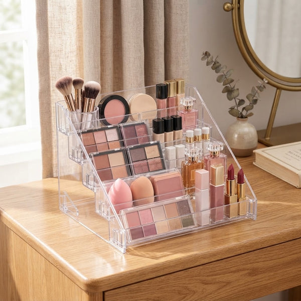 5-Tier Crystal-Style Beauty Organizer displaying cosmetics and skincare on a wooden vanity.