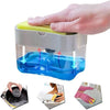 2 in 1 Sponge Rack Soap Dispenser with a hand pressing to dispense soap, showcasing its dual functionality.