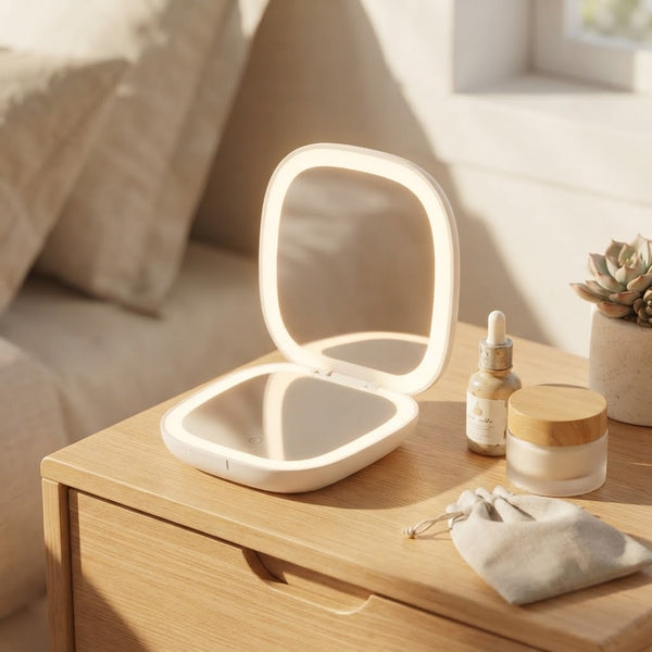 Portable Rechargeable Seashell LED Mirror on a wooden table with skincare products and a decorative plant.