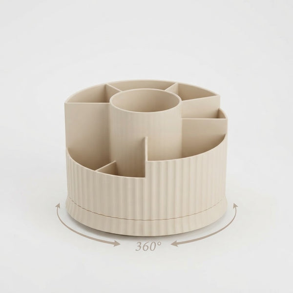 360 Degree Rotating Cosmetic & Makeup Brush Organizer displaying multiple compartments for organized storage.