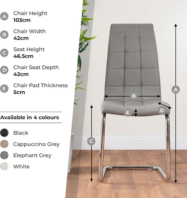 Enzo Faux Leather C Frame Dining Chair dimensions and available colors black, cappuccino grey, elephant grey, white