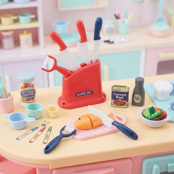 Kitchen Helper Happy Little Chef Pretend Play knife set with colorful toy knives and play food on a kitchen countertop.