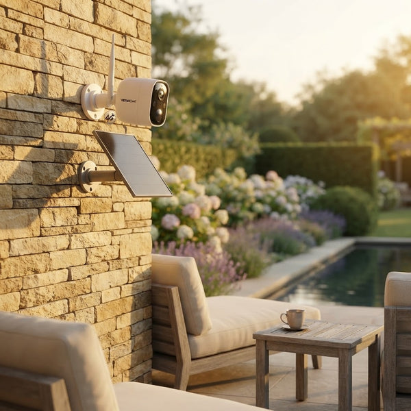 4G Solar-Powered Outdoor Security Camera mounted on a stone wall with a solar panel, providing surveillance in a garden.