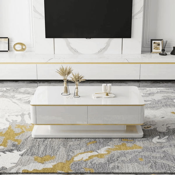 Chic Centre Coffee Table with elegant design on a stylish rug in modern living room setting.