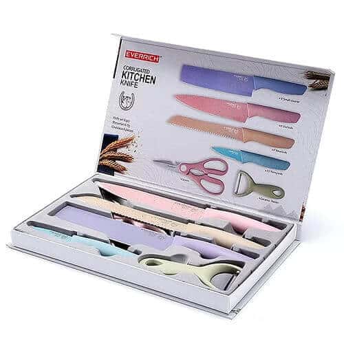 6 Piece Colorful Stainless Steel Kitchen Knife Set displayed in a packaging with various colorful blades and utensils.