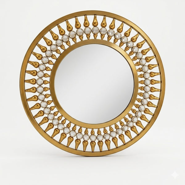 Luxury Crystal Teardrop Round Wall Mirror featuring a jeweled border and reflective surface.