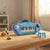 Blue 22-Key Battery-Operated Toy Keyboard Piano on a table surrounded by toys.