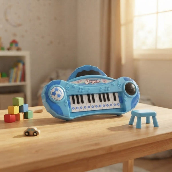 Blue 22-Key Battery-Operated Toy Keyboard Piano on a table surrounded by toys.