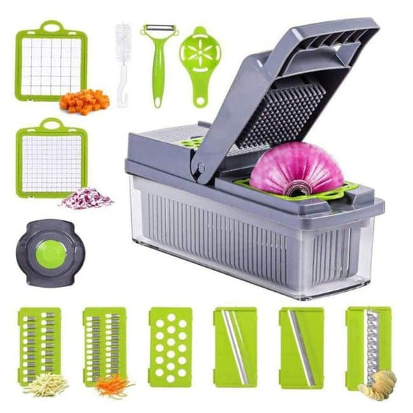 14 Piece Multifunctional Vegetable Slicer with multiple blades and attachments for easy meal prep