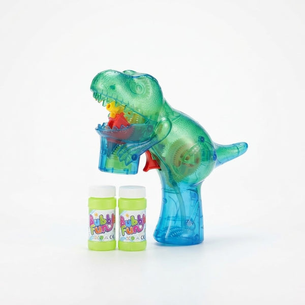Dino Light-Up Bubble Gun - Assorted dinosaur bubble toy with bubbles in two bottles.