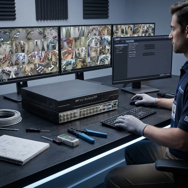5MP 5-in-1 32-Channel Hybrid Digital Video Recorder setup with dual monitors for surveillance monitoring.