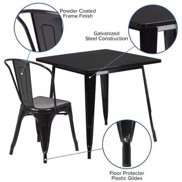 Modern Steel and Glass Dining Table with powder-coated frame and galvanized steel construction details.