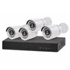 4 Channel Camera Surveillance Kit with four white security cameras and a black DVR system for 24/7 monitoring.