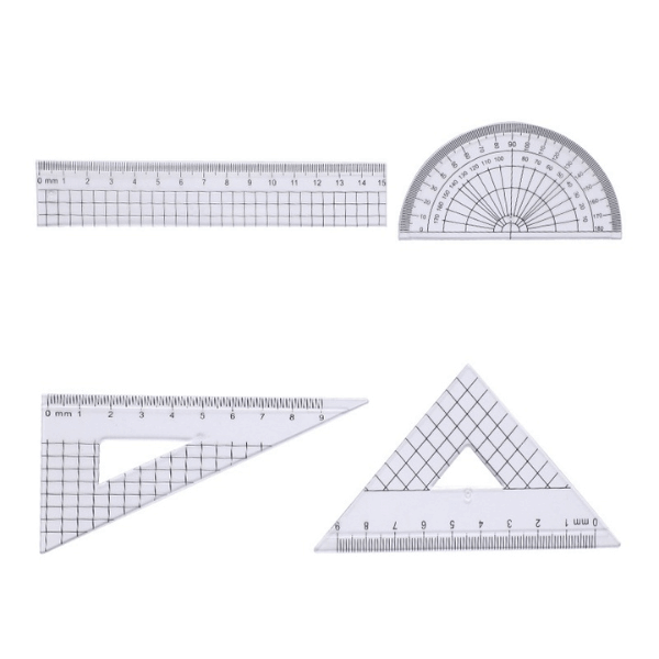 4-Piece Geometry Set 15.3cm Transparent Tools including ruler, protractor, triangle, and set square.