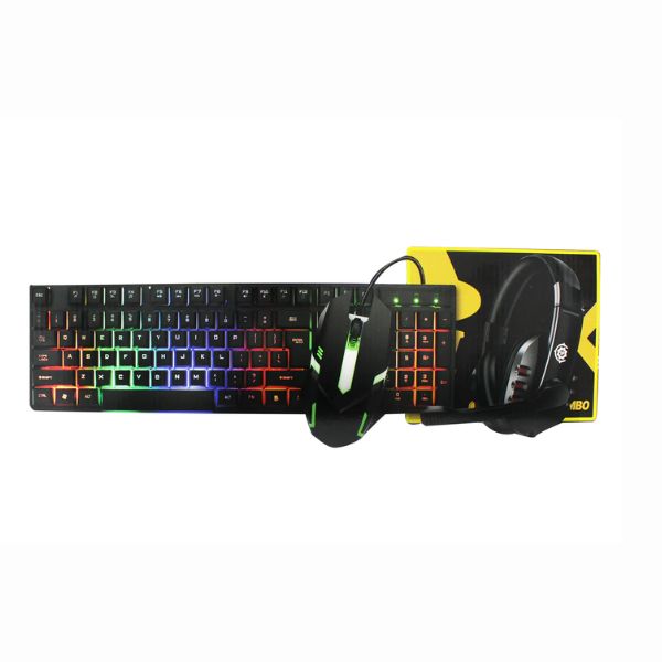 4 in 1 Gaming RGB Keyboard Mouse Headset & Pad Combo with vibrant LED lights and accessories.