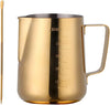 Gold Stainless Steel Milk Frothing Pitcher 350ML with measurement markings and frothing tool.