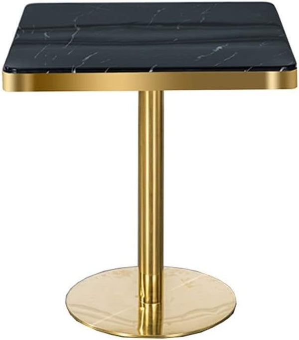 Square Marble Effect Dining Table with Gold Pedestal Base featuring a stylish black marble top and polished gold base.