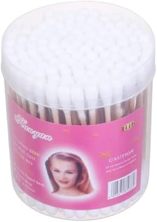 Wooden Cotton Buds 100 Sticks Pack of 3 displayed in a clear container for bathroom essentials.