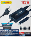 120W Universal Laptop DC Car Charger kit in packaging showing 120W output and multiple tips