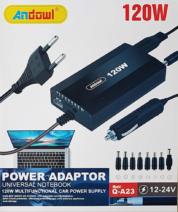 120W Universal Laptop DC Car Charger kit in packaging showing 120W output and multiple tips