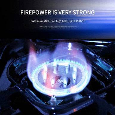Compact Portable Gas Camping Stove flames illustrating strong firepower and heat output for outdoor cooking.