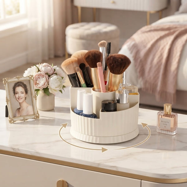 360 Degree Rotating Cosmetic & Makeup Brush Organizer with beauty products and brushes on a stylish vanity.