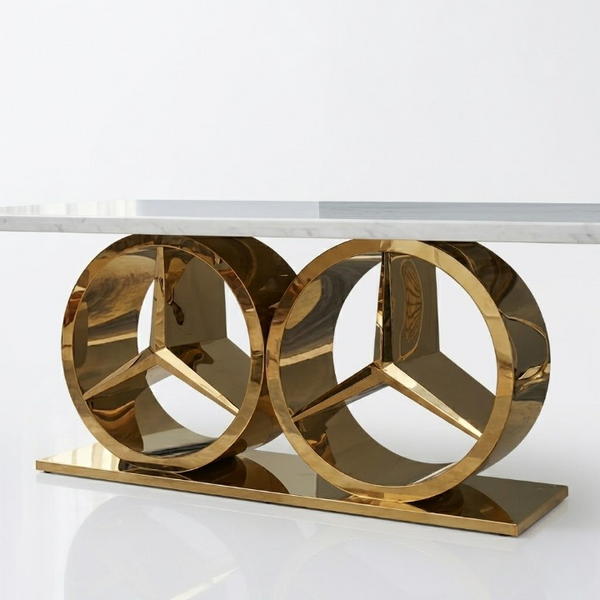 Modern Gold Double Ring Console Table with a sleek marble top and stylish double-ring design.