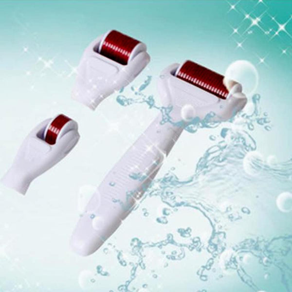 4 in 1 Derma Roller Cosmetic Kit with three roller heads against a sparkling blue background.
