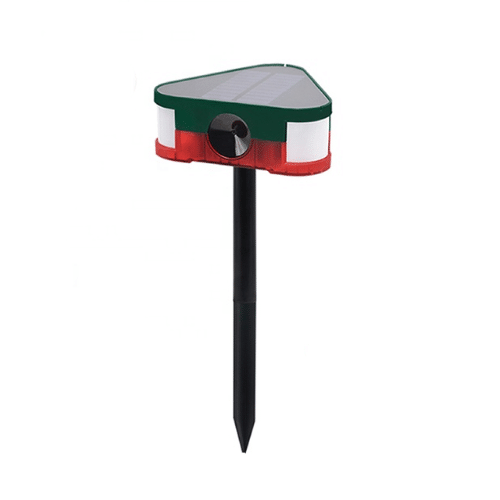 Motion Sensor Ultrasonic Repeller designed to deter rodents, featuring solar panel and motion detection technology.