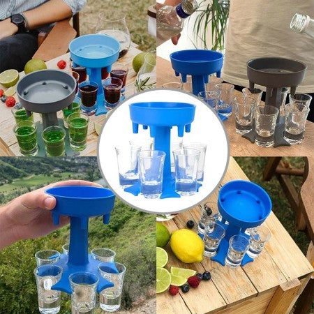 6 Shot Dispenser in blue with shot glasses, perfect for serving multiple shots at parties and events.