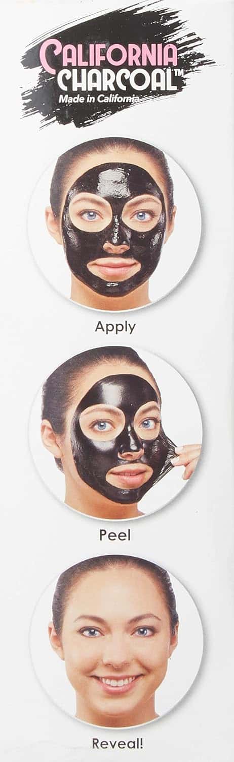 Step-by-step application of Charcoal Blackhead Removal Mask: Apply, Peel, and Reveal results on skin.