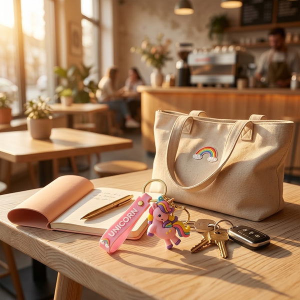 3D Rainbow Unicorn Keychain on a table with a bag and notepad in a cozy café setting.