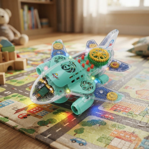 Transparent Gear Airplane Toy with colorful gears and lights on a play mat.