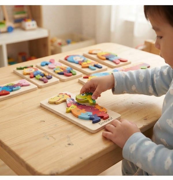 Child playing with Wood Wonder 3D Animal & Traffic Puzzle Set, assembling colorful wooden animal pieces.