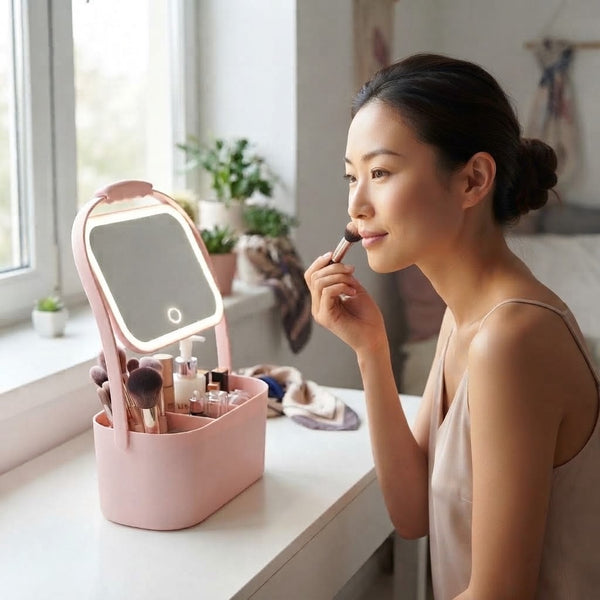 Portable Vanity Mirror Makeup Organizer Case with a woman applying makeup in a well-lit space.