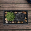 Solar Raindrop Tabletop Water Fountain with succulent and pebbles on wooden surface
