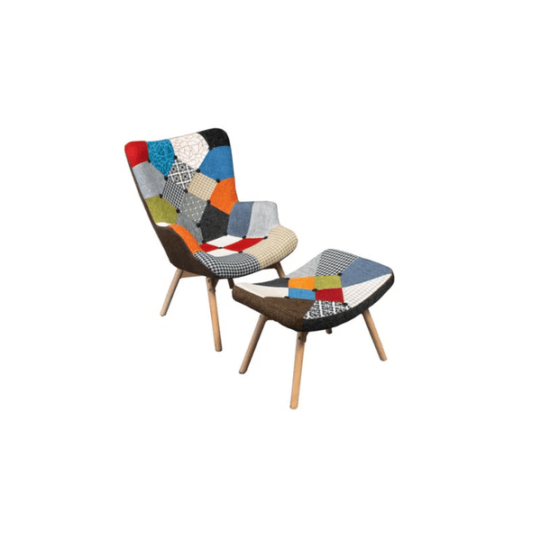 Relax Lounge Chair Set featuring a colorful patchwork design and matching footrest for stylish comfort.