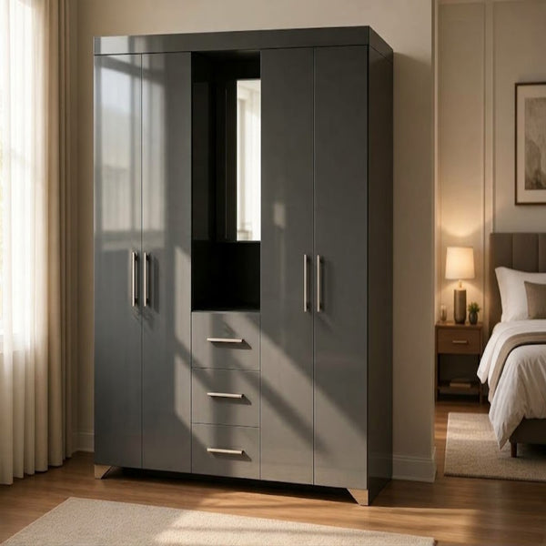 Multi-Door Bedroom Wardrobe with Built-In Central Mirror in a modern bedroom setting.