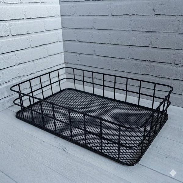 Metal Wire Grid Basket Organizer displayed against a white brick wall for stylish home organization.