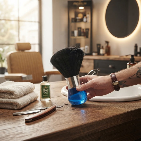 Blue and Black Barber Neck Duster Brush held over a wooden salon table with a Bay Rum bottle and grooming tools.